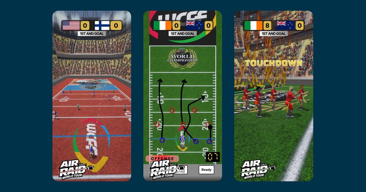 AirRaid Football gameplay, route planning, and touchdown screens on mobile