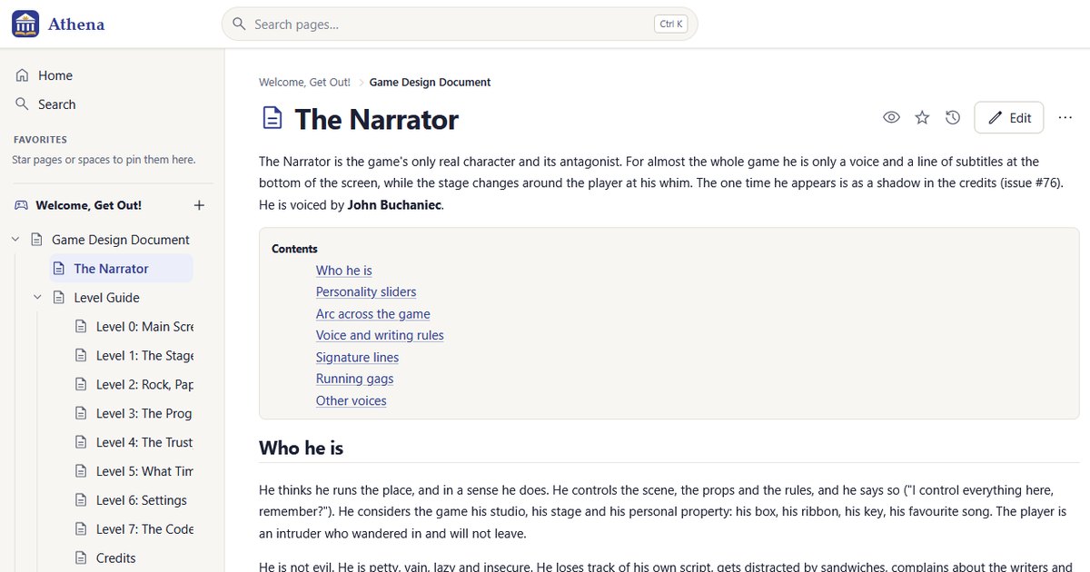 Athena showing a game design document page with its page tree and contents