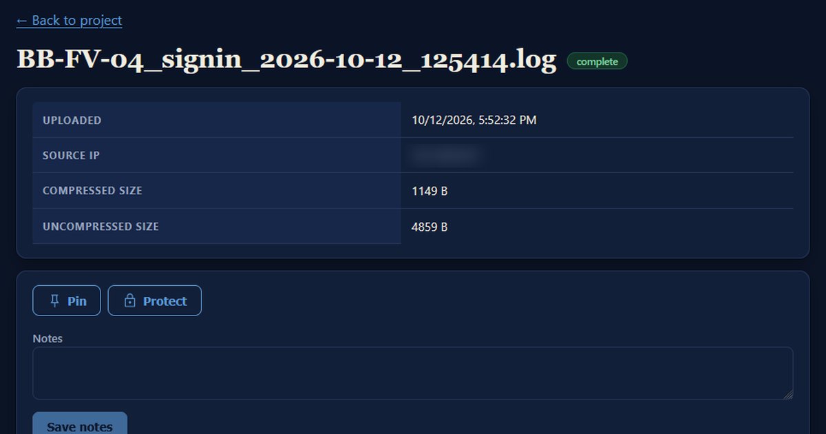 Hermes Logging showing an uploaded log with its size details and Pin, Protect, and Notes controls